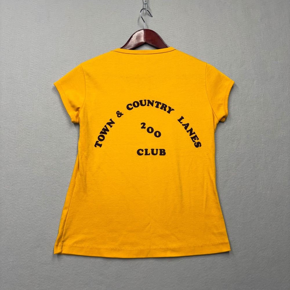 T-Flirt T-Shirt Women XL Yellow Vintage 70s Town & Country Lanes 200 Club Ruth